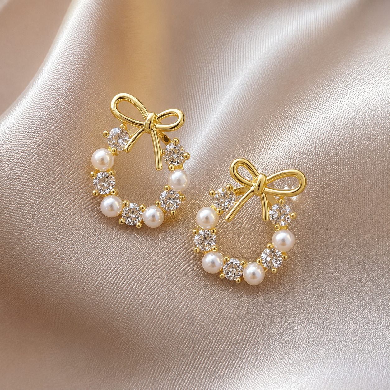 Luxury Gold Plated Bow Pearl & Cubic Zirconia Stud Earrings for Women | Korean Style Party Wear Fashion Jewelry