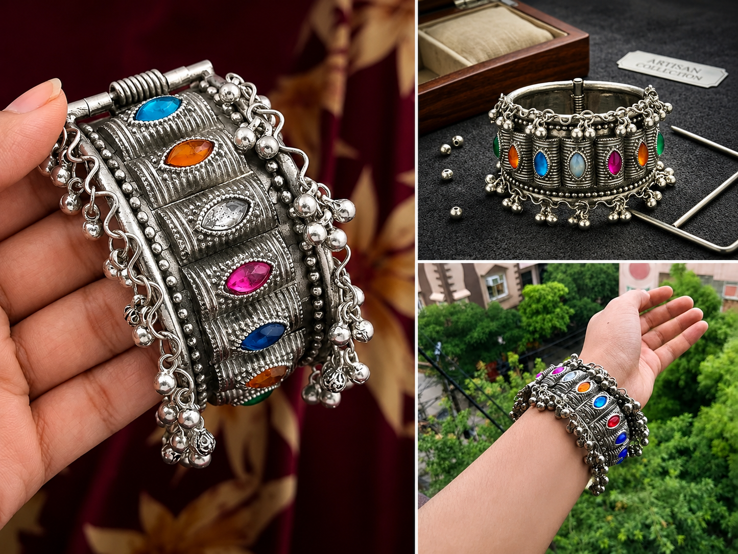 Traditional Oxidised Kada Bracelet | Multi-Colour Glass Stone Cuff Bangle for Women