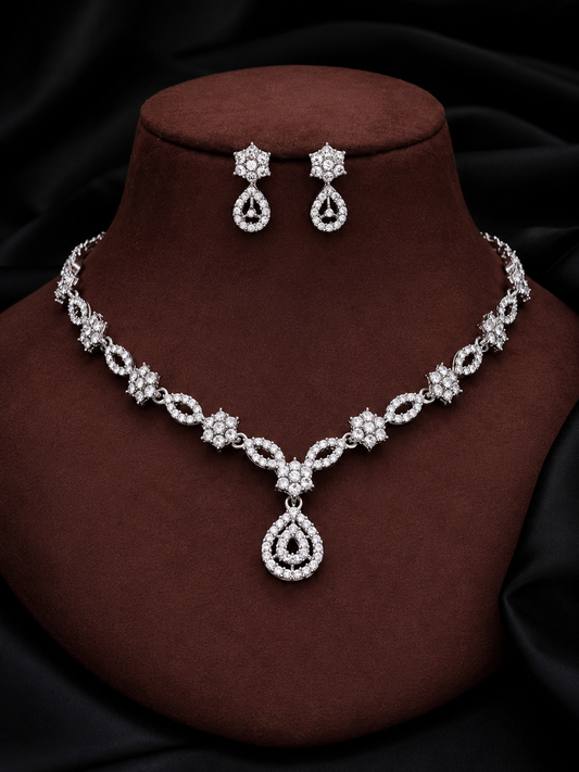 Elegant Silver AD Necklace Set | Party Wear Jewellery Set for Girls & Women