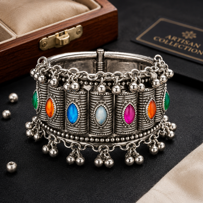 Traditional Oxidised Kada Bracelet | Multi-Colour Glass Stone Cuff Bangle for Women