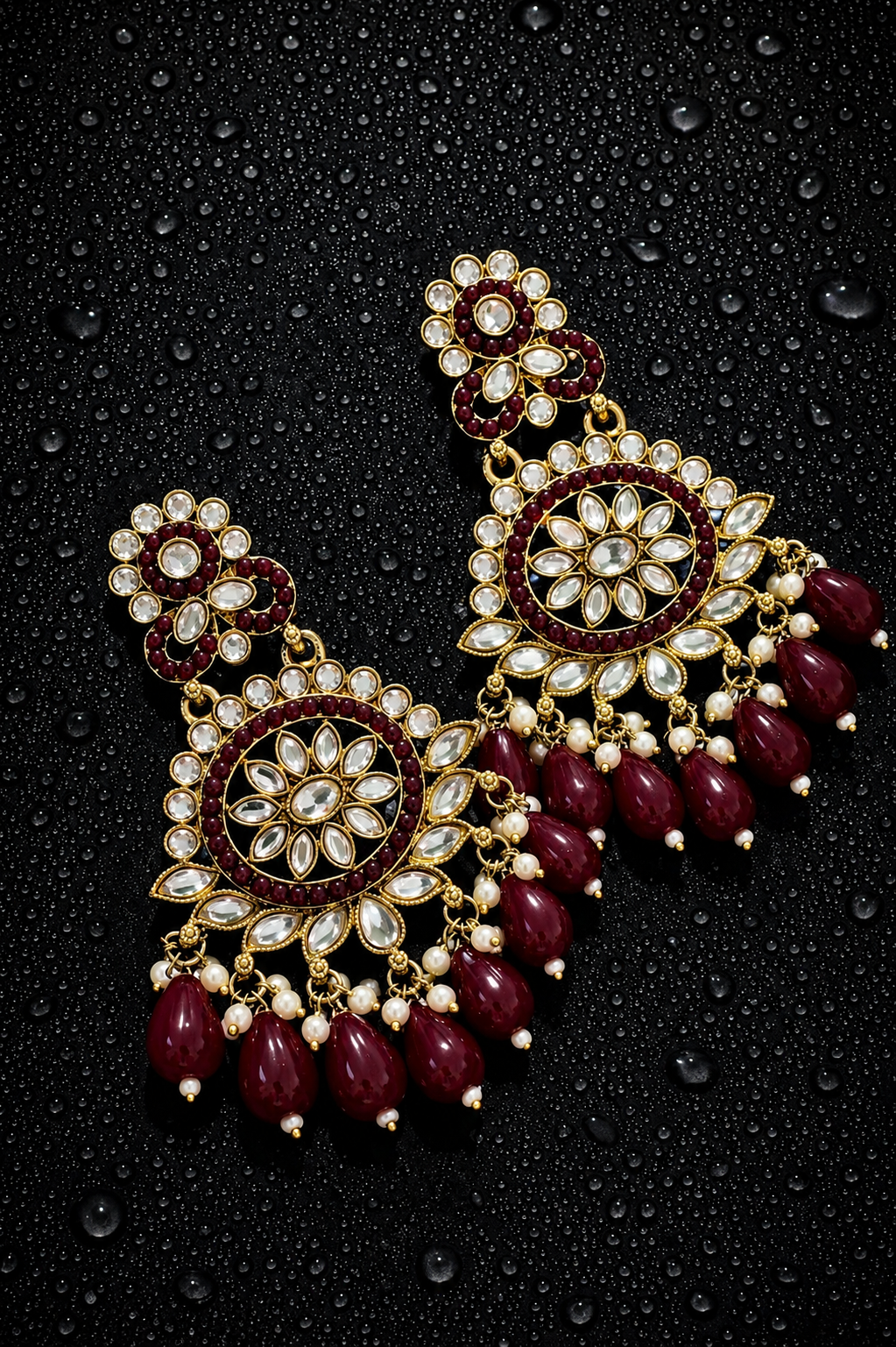 Premium Antique Gold Plated Maroon Kundan Pearl Earrings