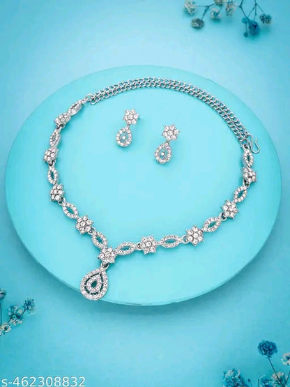 Elegant Silver AD Necklace Set | Party Wear Jewellery Set for Girls & Women