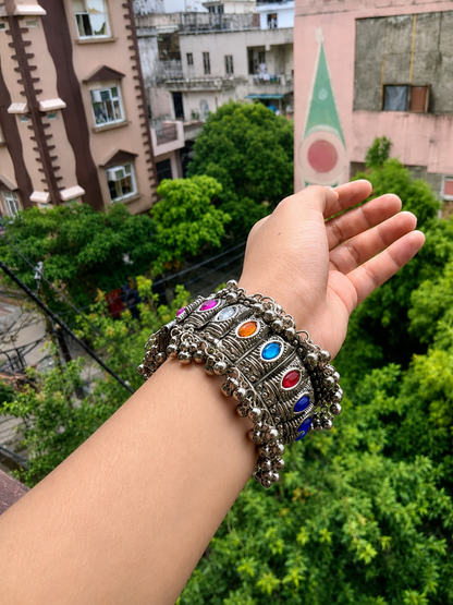 Traditional Oxidised Kada Bracelet | Multi-Colour Glass Stone Cuff Bangle for Women
