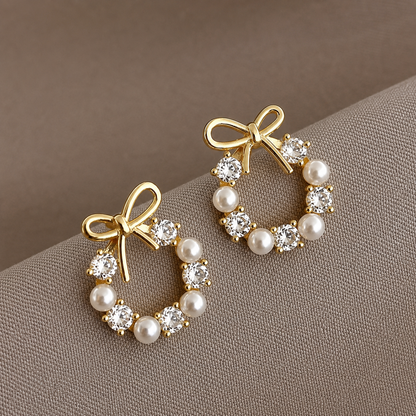 Luxury Gold Plated Bow Pearl & Cubic Zirconia Stud Earrings for Women | Korean Style Party Wear Fashion Jewelry