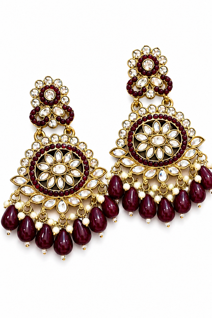 Premium Antique Gold Plated Maroon Kundan Pearl Earrings