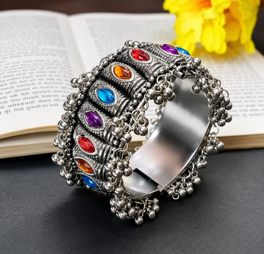 Traditional Oxidised Kada Bracelet | Multi-Colour Glass Stone Cuff Bangle for Women