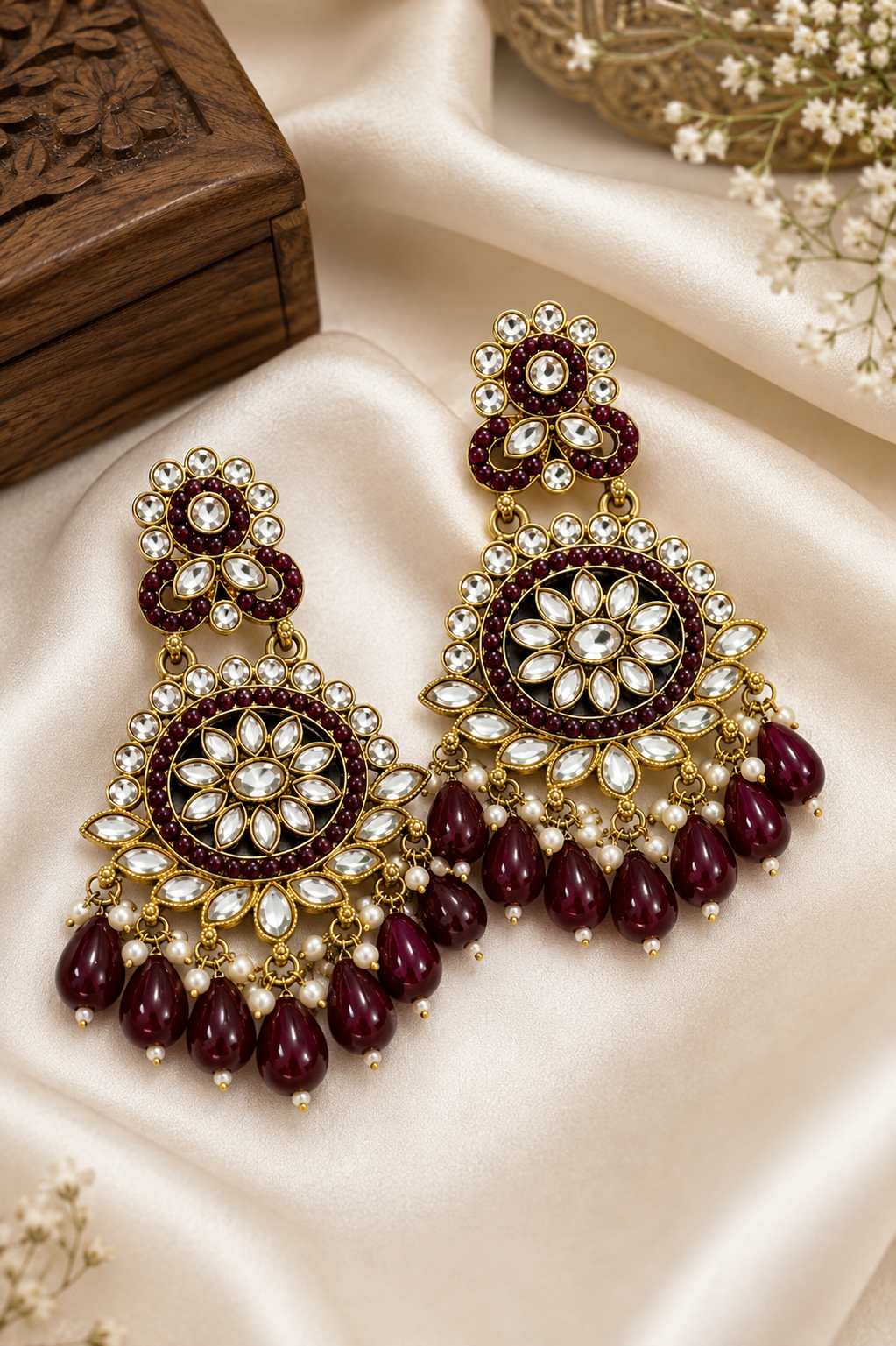 Premium Antique Gold Plated Maroon Kundan Pearl Earrings