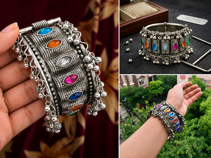 Traditional Oxidised Kada Bracelet | Multi-Colour Glass Stone Cuff Bangle for Women