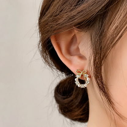 Luxury Gold Plated Bow Pearl & Cubic Zirconia Stud Earrings for Women | Korean Style Party Wear Fashion Jewelry
