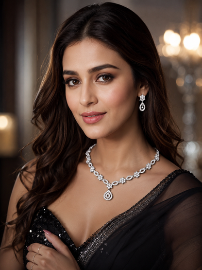 Elegant Silver AD Necklace Set | Party Wear Jewellery Set for Girls & Women
