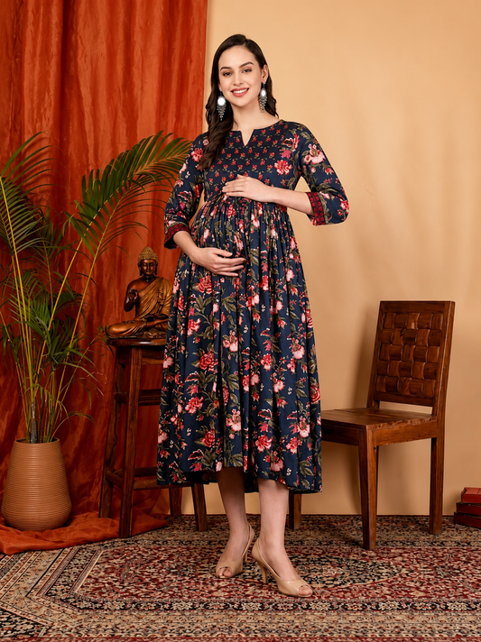 Floral Maternity Gown for Women | Soft, Comfortable & Stylish Pregnancy Wear