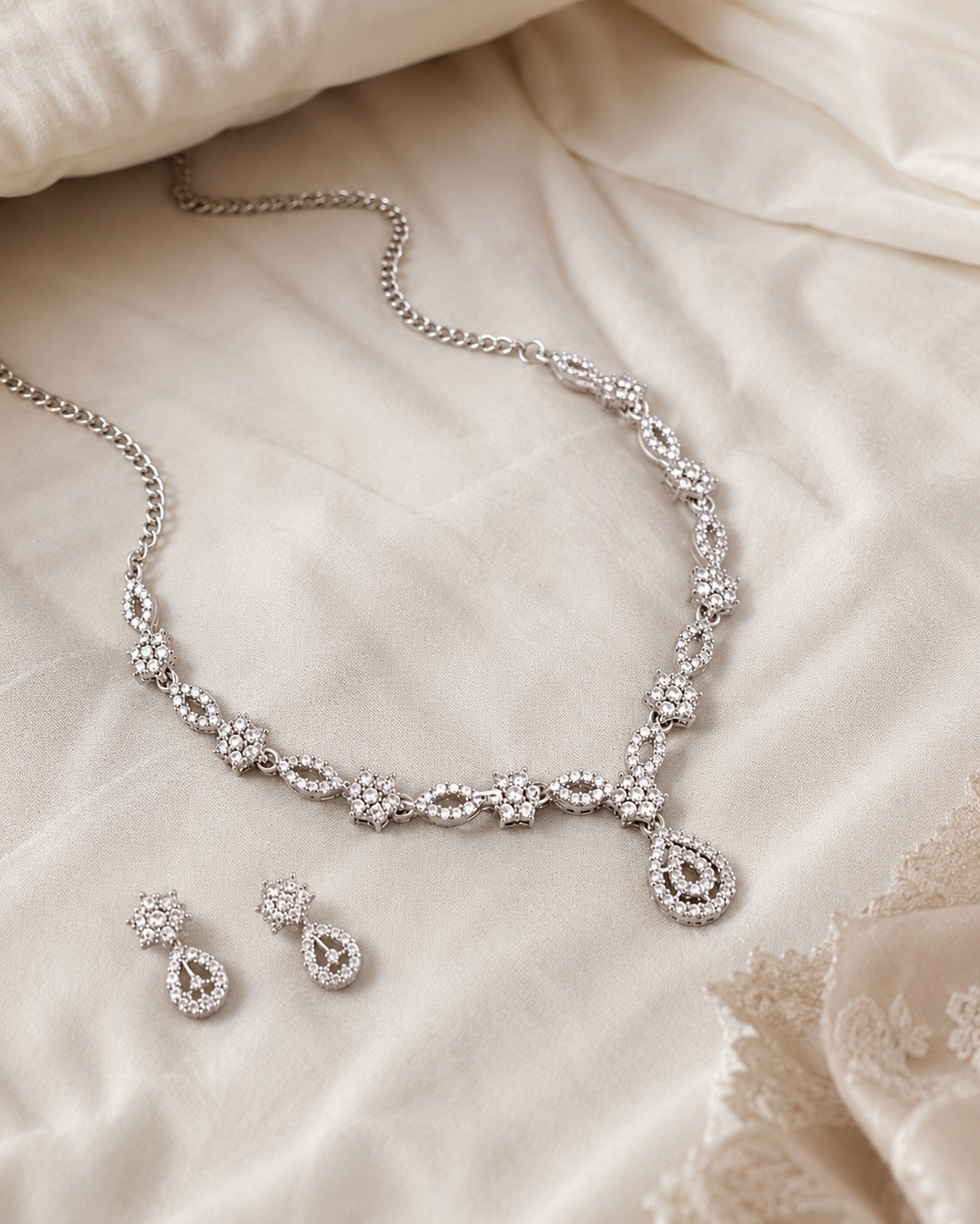 Elegant Silver AD Necklace Set | Party Wear Jewellery Set for Girls & Women