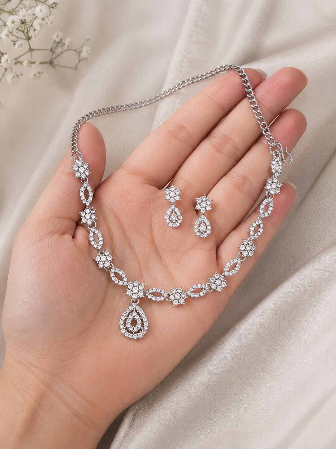 Elegant Silver AD Necklace Set | Party Wear Jewellery Set for Girls & Women