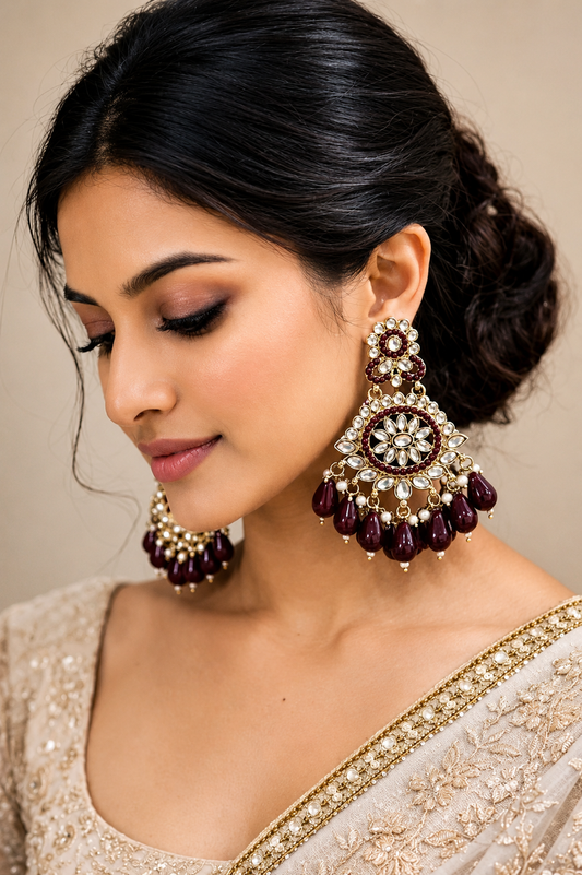 Premium Antique Gold Plated Maroon Kundan Pearl Earrings