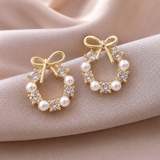 Luxury Gold Plated Bow Pearl & Cubic Zirconia Stud Earrings for Women | Korean Style Party Wear Fashion Jewelry